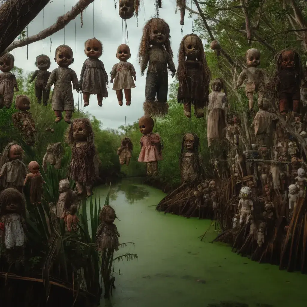 DALL·E 2024-05-28 11.30.47 - An eerie scene from Isla de las Muñecas, a small island in Mexico known for its spooky atmosphere. The image features numerous old, weathered dolls ha.webp