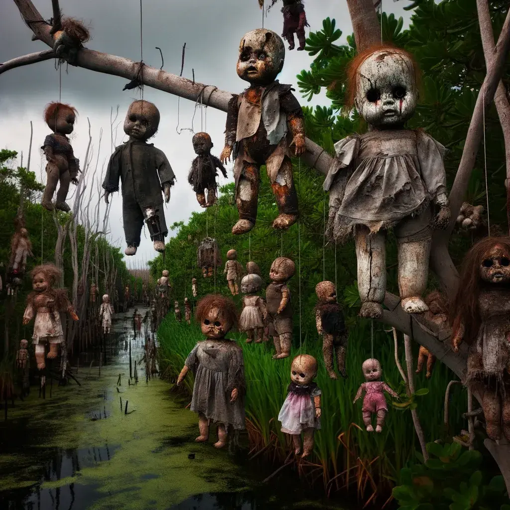 DALL·E 2024-05-28 11.34.33 - A haunting scene from Isla de las Muñecas, featuring numerous aged, weather-beaten dolls hanging from trees. The dolls have cracked faces, missing eye.webp