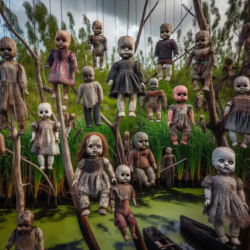 DALL·E 2024-05-28 11.34.34 - A haunting scene from Isla de las Muñecas, featuring numerous aged, weather-beaten dolls hanging from trees. The dolls have cracked faces, missing eye.webp