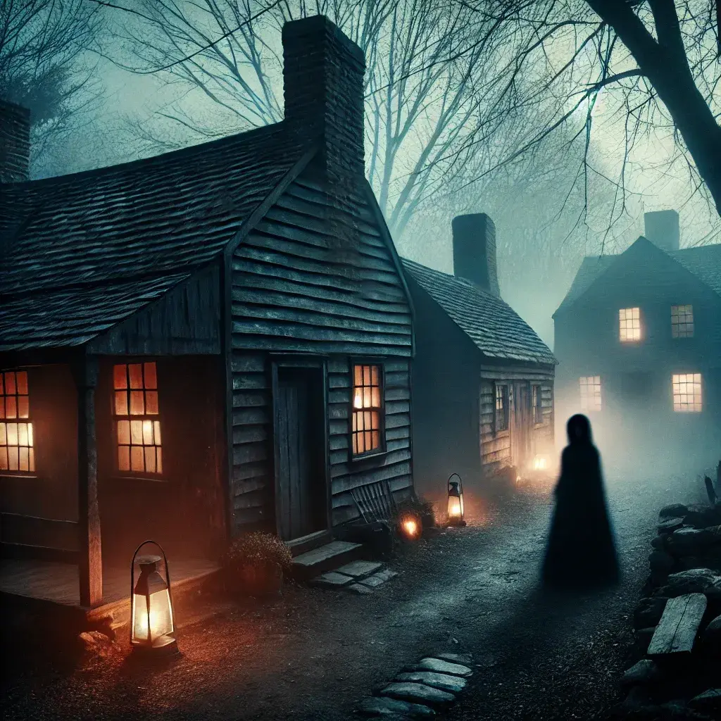 DALL·E 2024-06-25 09.58.58 - An 18th-century American village at dusk with a spooky atmosphere. Old wooden houses, dimly lit by lanterns, and a shadowy figure of a woman (Elly Ked.webp