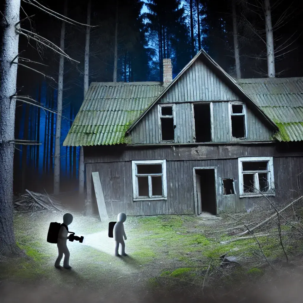 DALL·E 2024-06-25 09.59.10 - An old, abandoned house in the middle of a dense forest at night. The house is dilapidated with broken windows and a dark interior. Two figures holdin.webp