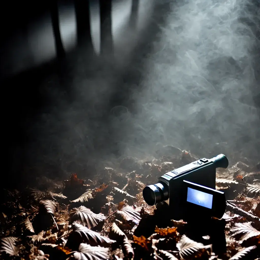 DALL·E 2024-06-25 10.02.09 - A dark, foggy forest with a video camera lying on the ground, partially covered by leaves. The camera appears old and abandoned, with an eerie light c.webp