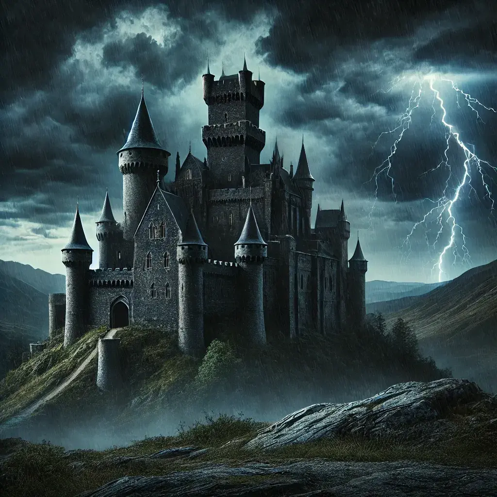 DALL·E 2024-06-25 10.09.04 - A dark, medieval castle on a hill under a stormy sky. The castle has tall towers and a foreboding atmosphere, with lightning illuminating the scene. T.webp