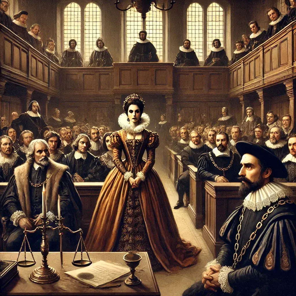 DALL·E 2024-06-25 10.09.28 - A courtroom scene from the early 17th century, with Countess Elizabeth Báthory on trial. The room is filled with nobles and judges in period attire. T.webp