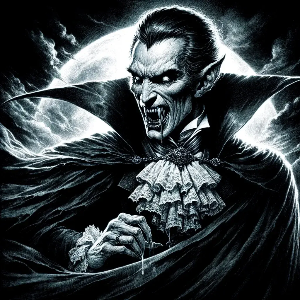DALL·E 2024-02-19 16.16.58 - A chilling illustration of Dracula in his full vampire form, exuding an aura of power and menace. The scene is set under the cloak of night, with the .webp